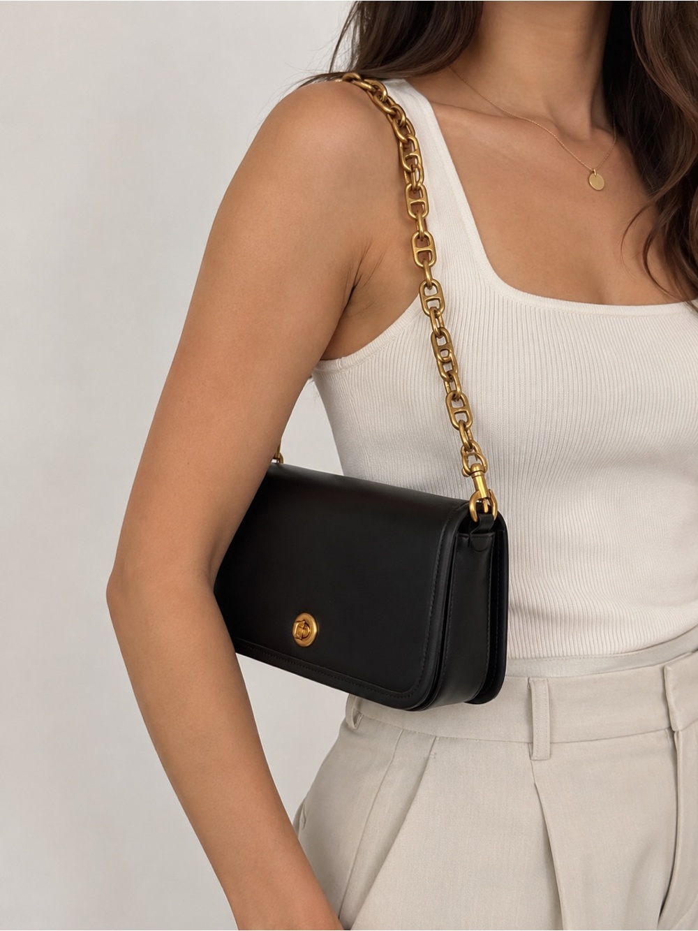 Black Gold Chain Shoulder Bag | Structured Turn-Lock Purse